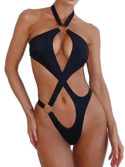 Tummy Cut Out Halter Women Thong Swimwear One Piece Swimsuit Female High Cut Monokini Rings Bathing Suit Swim Beach Wear