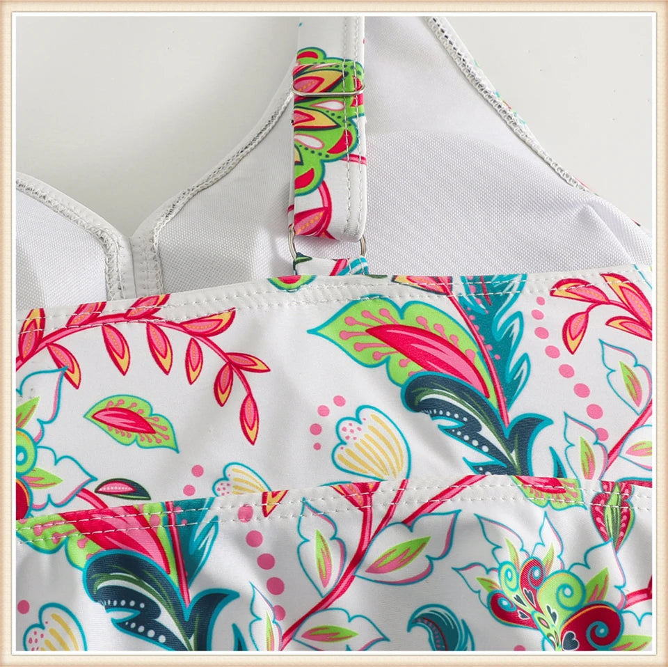 Two Piece Swimsuit Women V-Neck Print Tankini Set Female High Waist Swimwear Beachwear Bathers Bathing Swimming Suit Summer