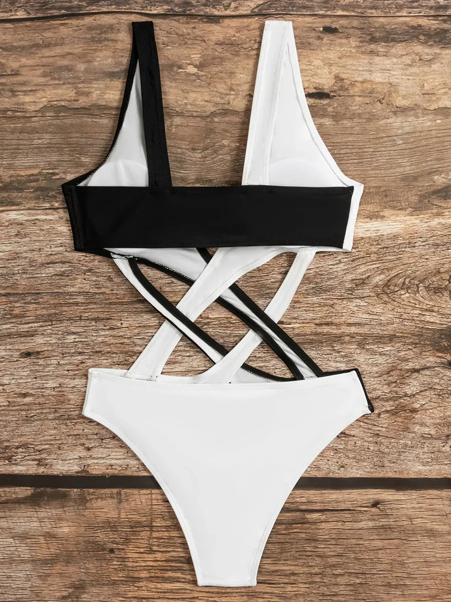 Splicing V Neck High Cut Women Swimwear One Piece Swimsuit Female Monokini Cross Bandage Bathing Suit Swim Beach Wear