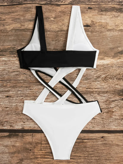 Splicing V Neck High Cut Women Swimwear One Piece Swimsuit Female Monokini Cross Bandage Bathing Suit Swim Beach Wear