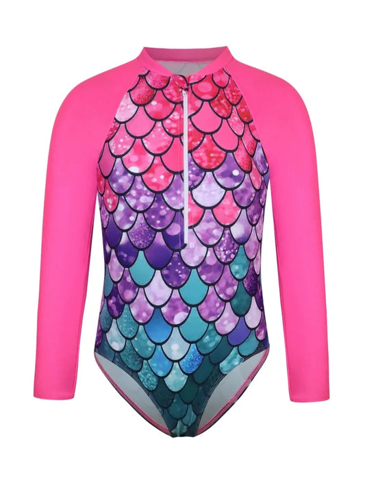 One Piece Girls Swimsuit Solid Print Long Sleeves Zipper Kids Swimwear Bodysuit Children Bathing Suit Beach Wear Summer