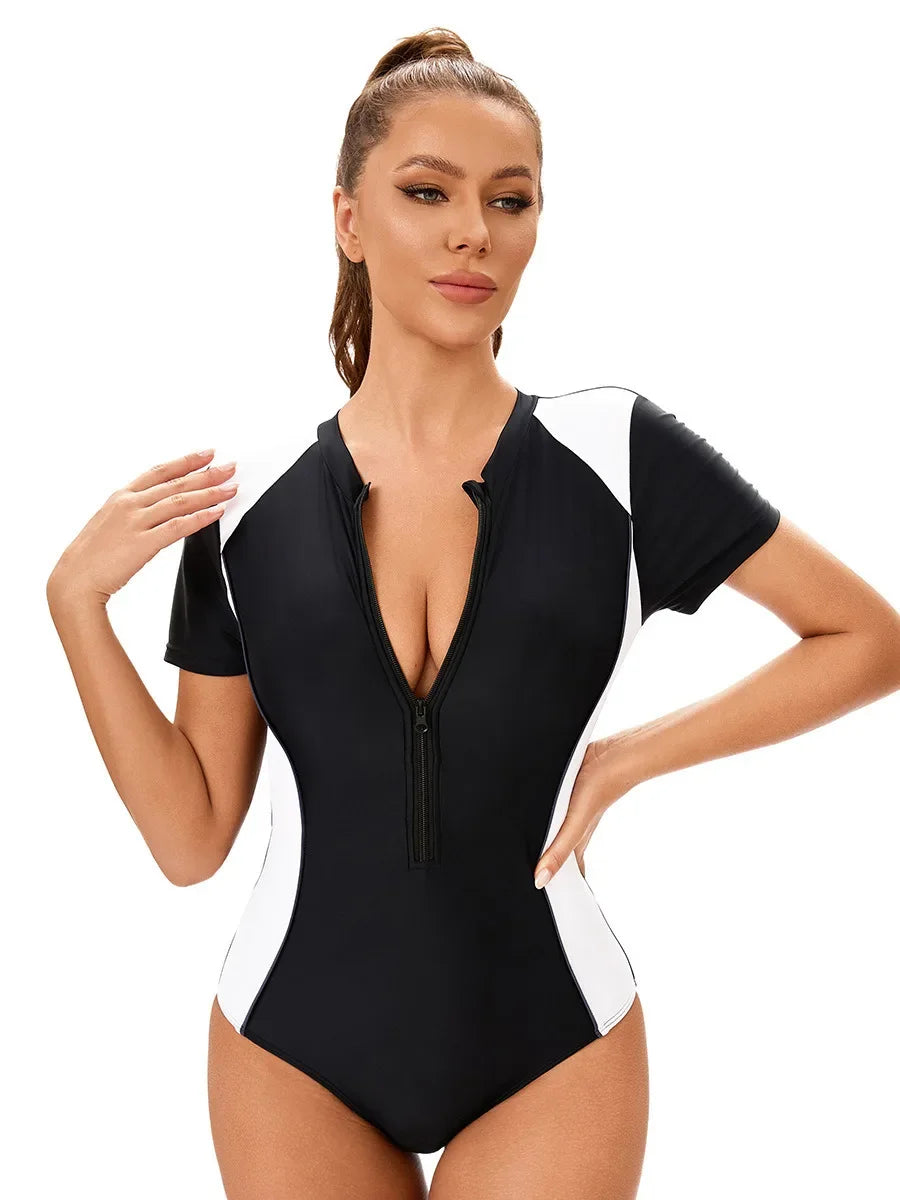Surfing Suit Shorts Sleeve Sports Swimwear for Women Round Neck Zipper Conservative Patchwork One Piece Swimsuit 2025 Summer New