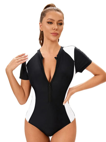 Surfing Suit Shorts Sleeve Sports Swimwear for Women Round Neck Zipper Conservative Patchwork One Piece Swimsuit 2025 Summer New
