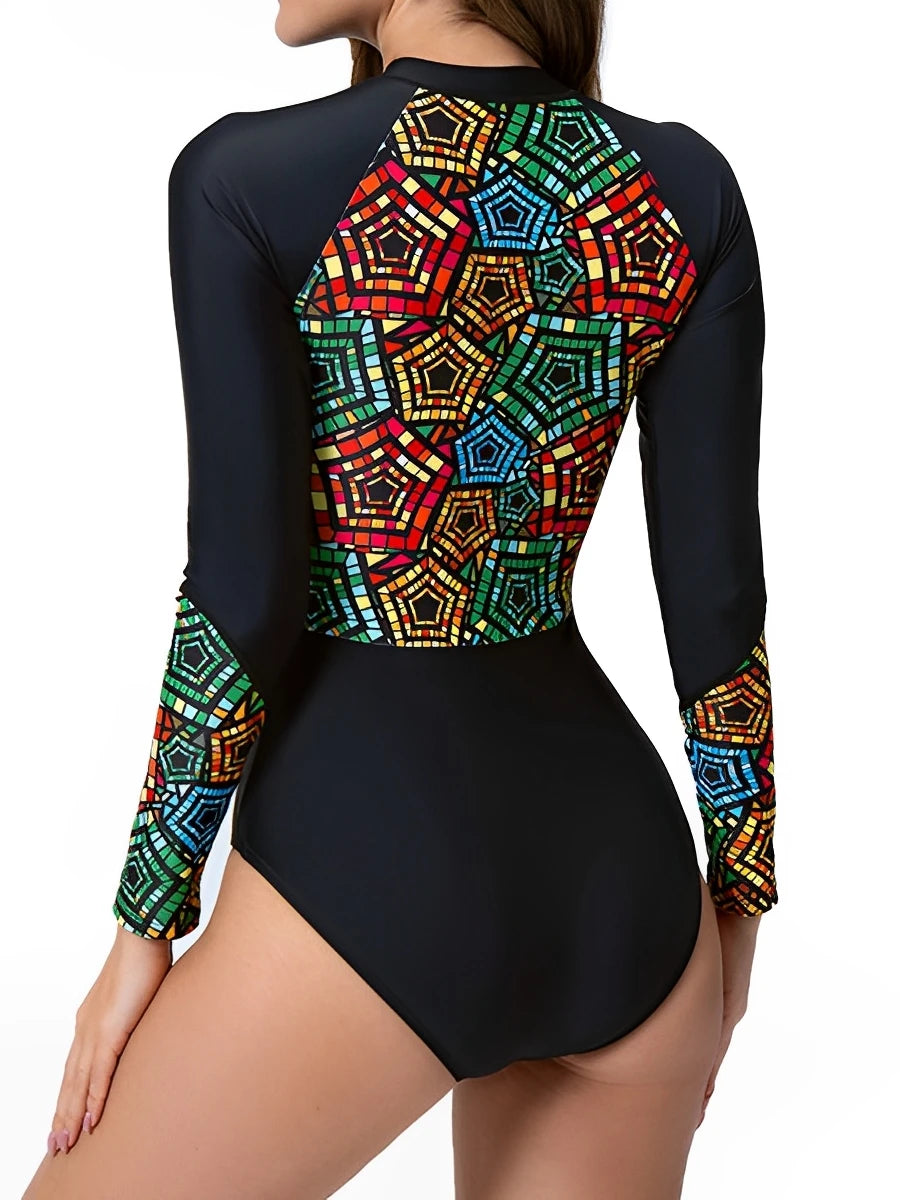 Color Printed Slim Rash Guard Long Sleeve Surfing Swimsuit Women With Zipper Swimwear Female Bathers Bathing Swimming Swim Suit