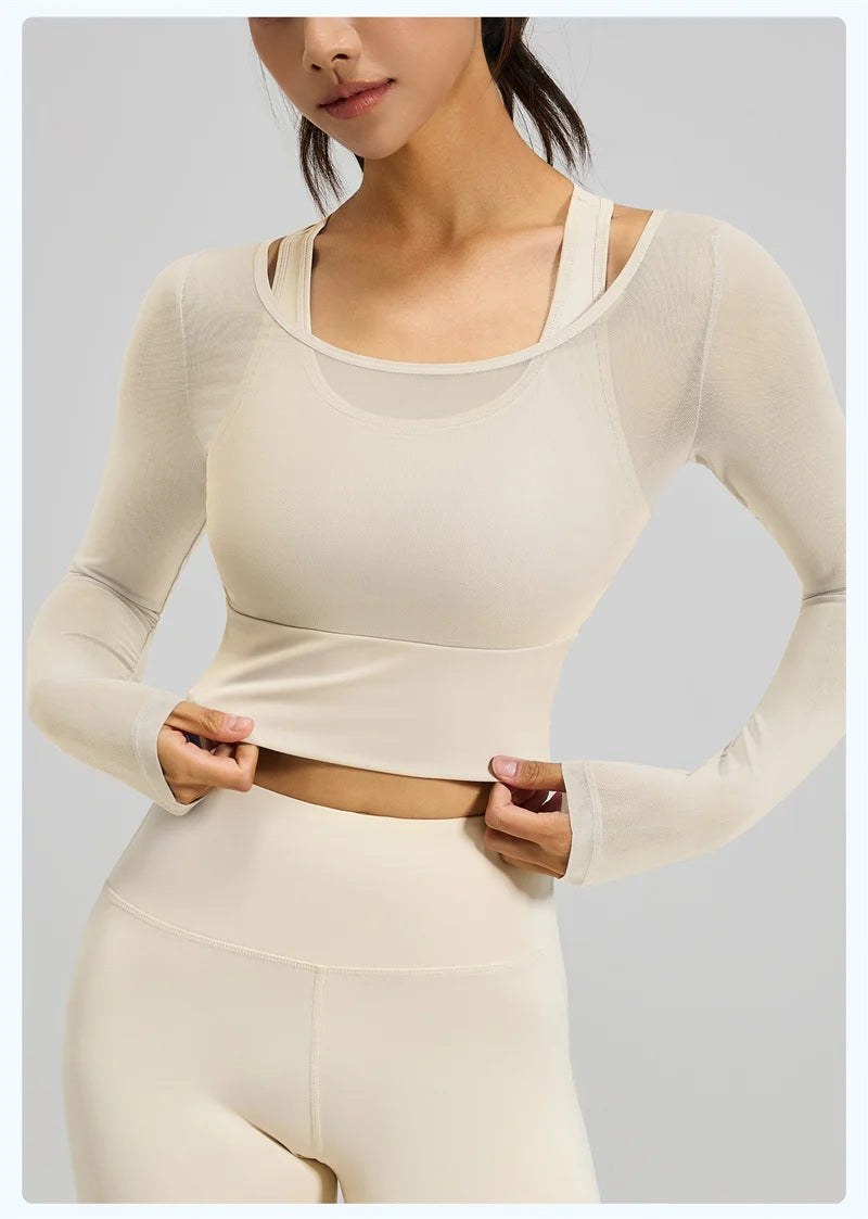 Women's Long-Sleeve Mesh Gym Crop Top with Padded Bra