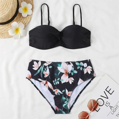 Women Bikini Set Solid Color Underwire Padded Push-Up Split Bikini Bra Print High Waist Bottoms Swimsuit Women Bathing Suit