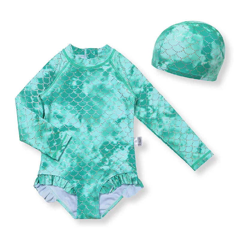 Girls One-piece Swimsuit Mermaid Cute Sunscreen Baby Girl Quick-drying Children's Swimsuit Long Sleeves Swim Wear for Hot Summer