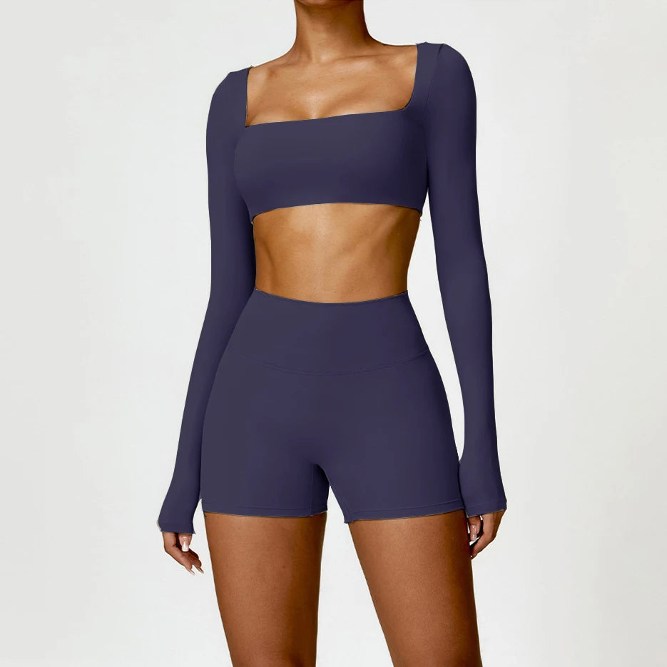Yoga Clothes 2PCS Gym Set Sports Shorts Set Women Long Sleeved High Waist Shorts Fitness Suit Running Workout Tracksuit