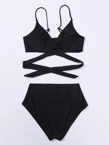 Solid Strapped Bikini Set Push UP Hollow Swimsuit Women Swimwear Biquinis High Waist Backless Bathing Suit