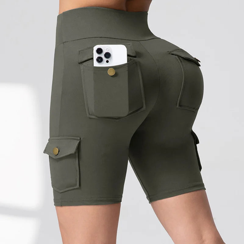 Camouflage Printed Women Shorts with Pockets Butt Lifting Tummy Tight Elastic Slim Outdoor Running Workout Shorts Streetwear