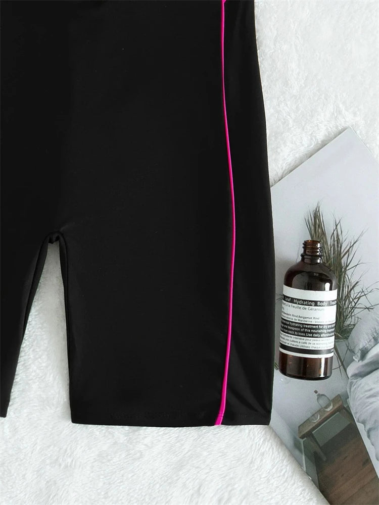 One Piece Swimsuit Women  Black Short Sleeves Zippers Swimwear Boxer Shorts Bodysuit Monokini Beach Bathing Suit Female