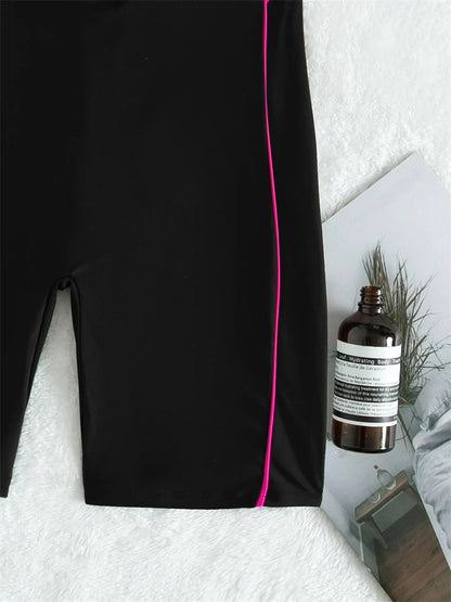 One Piece Swimsuit Women  Black Short Sleeves Zippers Swimwear Boxer Shorts Bodysuit Monokini Beach Bathing Suit Female