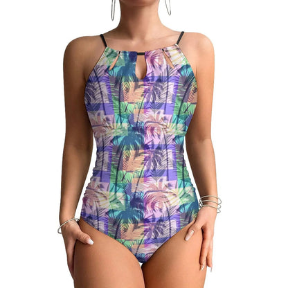 Neon Palm Trees Swimsuit Plant Print Swimwear One Piece Beach Swimsuits Sleeveless Bathing Suits Women Push Up Beach Wear