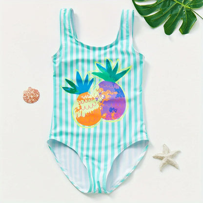 A girl's swimsuit with a fruit pattern, suitable for children aged 2-11. Chest Pad