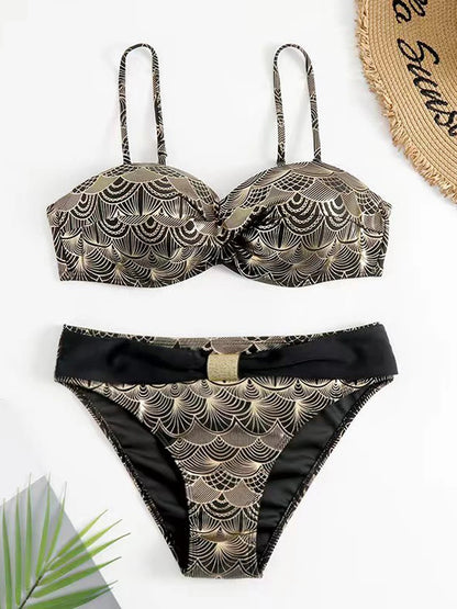 Metallic Stitch Strap Bikini  Women Push Up Gold print Swimsuit Female High Waist Swimwear Bathers Bathing Suit Beachwear