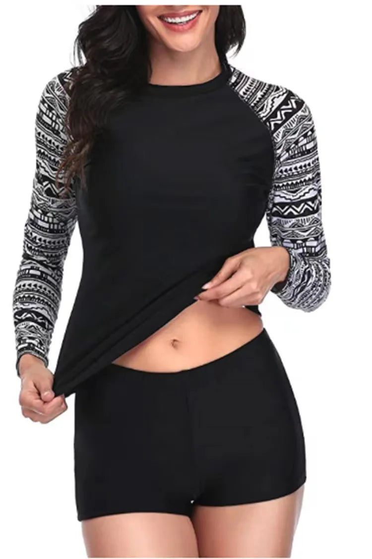 Long Sleeve Two Pieces Surfing Swimsuit Women Floral Drawstring Swimwear Female Rash Guards Swim Beachwear Bathing Suit