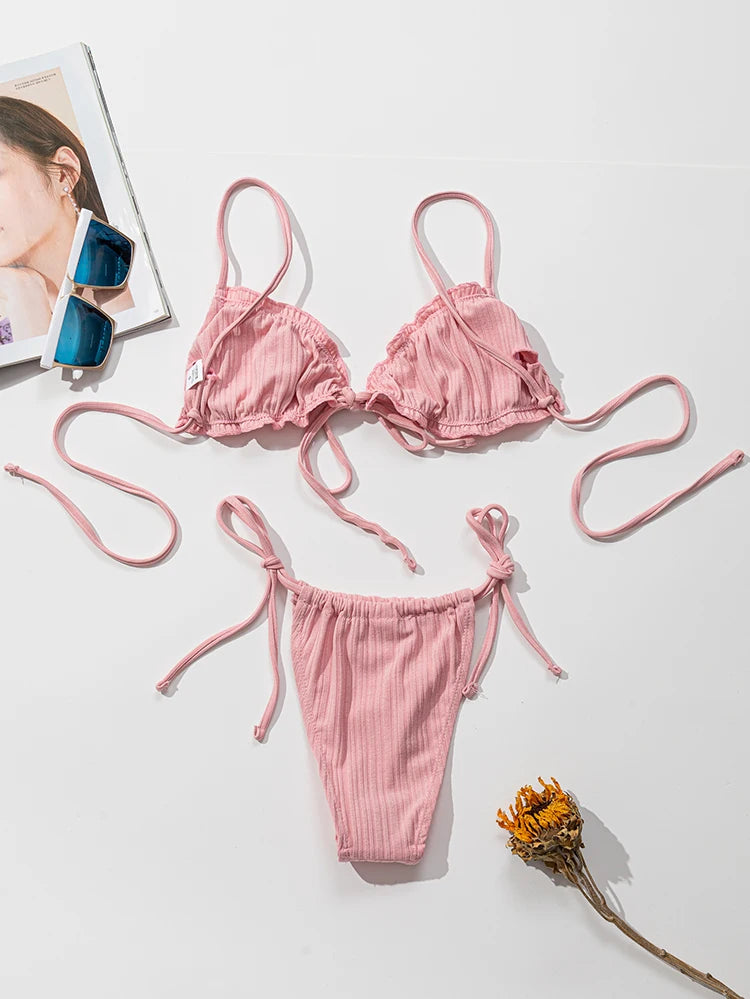 Swimsuit Pit stripe Bikini Women Swimwear  Bathing Suits Push Up Biquinis Bandage Beachwear Solid Bikini Sets
