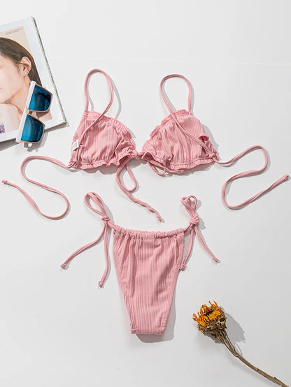 Swimsuit Pit stripe Bikini Women Swimwear  Bathing Suits Push Up Biquinis Bandage Beachwear Solid Bikini Sets