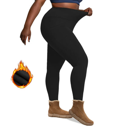 Plus Size Fleece Lined Leggings with Pockets for Women High Waist Winter Tummy Control Thermal Warm Yoga Pants
