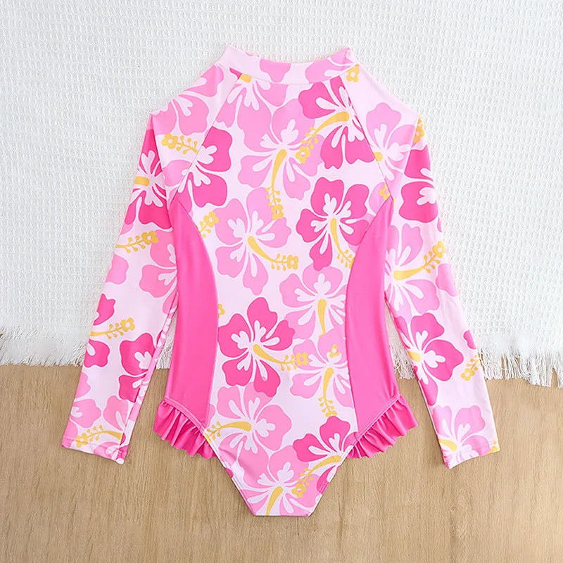 Pink Girls One Piece Swimsuit 7-12 Year Kids Swim Suit Children's Swimwear Flower Bathing Suits Beach Wear Bodysuit