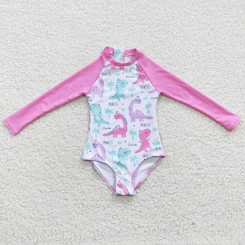 Colourful Designs Baby Girls Swimsuits Long Sleeve One Pieces Swimsuit Summer Fashion Kids Clothes Swimwear Boutique Girls Swim Clothes