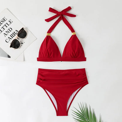 Solid Bathing Suit Women Two-piece High Waisted Chic Split Swimsuit Neck-mounted Low Cut Backless Beachwear Summer New