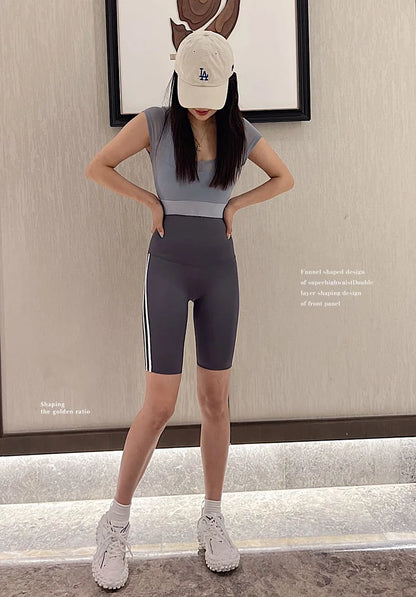 Women Shark Running Short Leggings Summer Side Stripe Sports Biker Shorts High Waist Skinny Seamless Bicycle Shorts