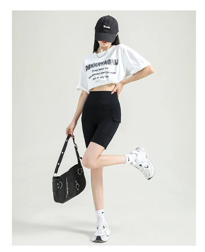 BIVIGAOS Summer New Cargo Pocket Shark Shorts Women's Sport Fitness Cycling Shorts High Waist Running Tight Biker Short Leggings