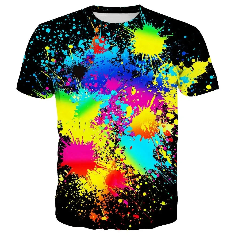 Rainbow Paint Splash Men's Printed T-shirt Hip Hop Street Fashion Harajuku Round Neck Comfortable Short Sleeve Top