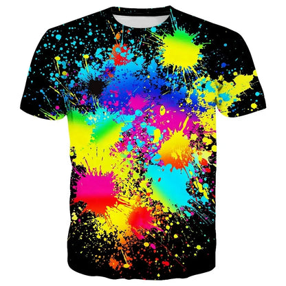 Rainbow Paint Splash Men's Printed T-shirt Hip Hop Street Fashion Harajuku Round Neck Comfortable Short Sleeve Top
