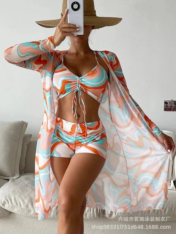Summer Print Bikinis Swimwear Female Swimsuit Beachwear Push Up Three-Piece Bikini Set Women Swimming Bathing Suit