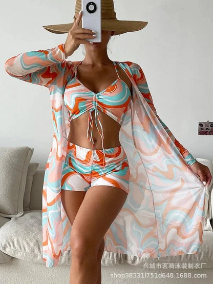 Summer Print Bikinis Swimwear Female Swimsuit Beachwear Push Up Three-Piece Bikini Set Women Swimming Bathing Suit
