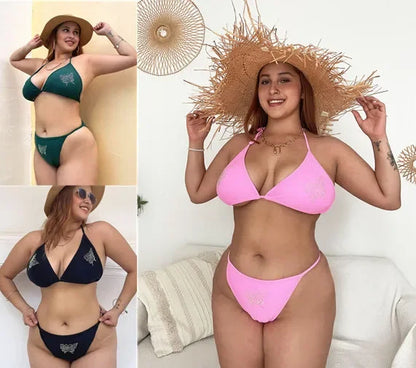 Plus Size Bikini Women Swimsuit Butterfly Diamond Shiny Swimwear Strappy Bandage Bathing Suit Designer Swimsuit 2 Piece Set