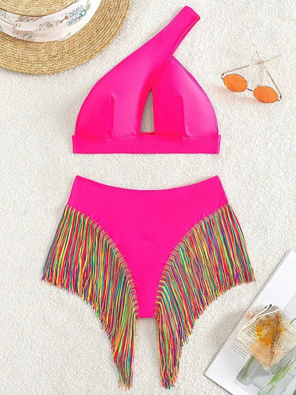 Fringe Tassel One Shoulder High Waist Bikini Women Swimwear Female Swimsuit Two-pieces Bikini Set Hollow Out Bathing Suit Swim