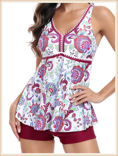 Two Piece Swimsuit Women V-Neck Print Tankini Set Female High Waist Swimwear Beachwear Bathers Bathing Swimming Suit Summer
