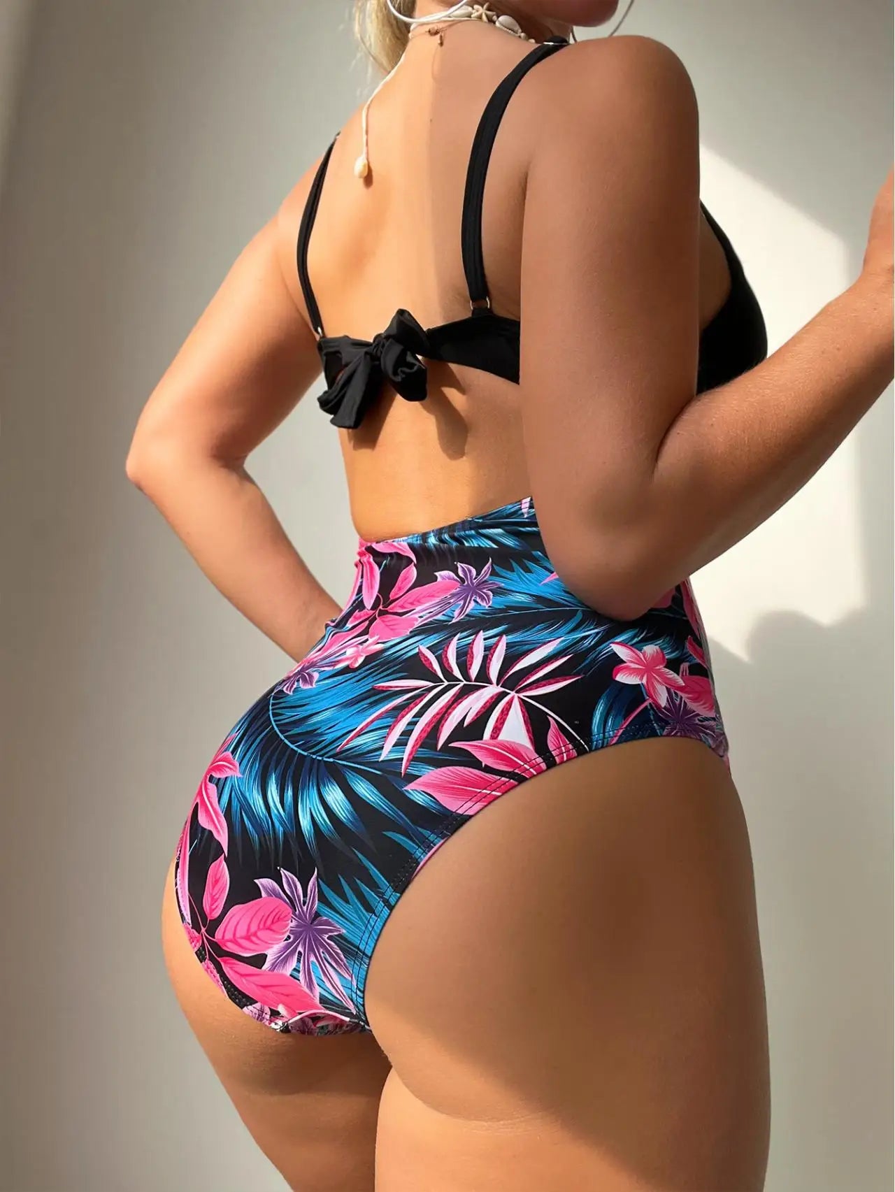 Cikini-Women's Tropical Print Cut Out Twist Push Up Swimsuit, Summer Beach Swimwear, Bathing Suit for Women, 1 Pc