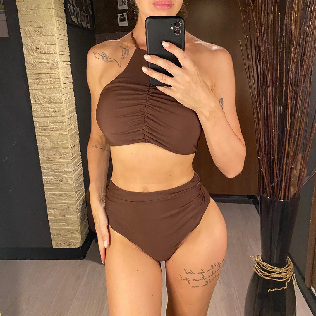 Halter Wrinkled High Neck Female Swimsuit High Waist Bikini Women Swimwear Two-pieces Bikini set Bather Bathing Suit Swim