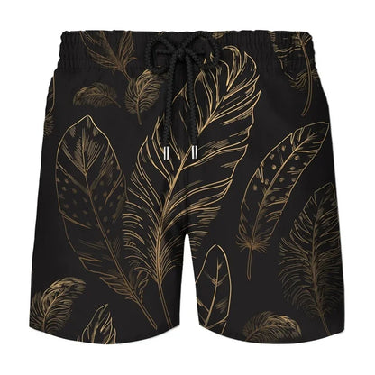Flower Leaf Graphic Swim Trunks For Men Ethnic Feathers 3D Printed Short Pants Summer Loose Harajuku Sport Street Board Shorts