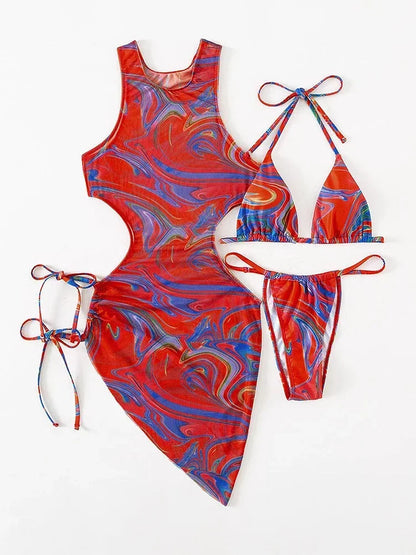 Tie Dye Swimsuit Women Lace Up Bikini Suit Hollow Out Block Color Bathing Suit Three-pieces Swimwear Beachwear