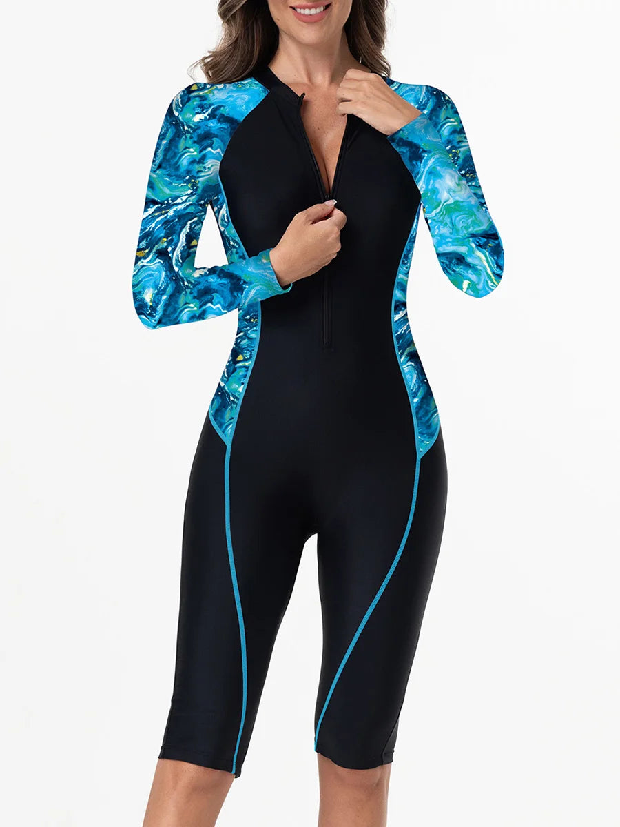 Women's Long-Sleeve Knee-Length Zip-Front Rash Guard Swimsuit