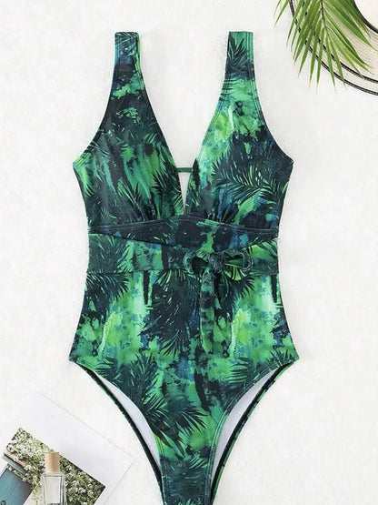 V-neck One Piece Swimsuit Women Printed Swimwear Female Beachwear Bathers Bathing Swimming Swim Suit