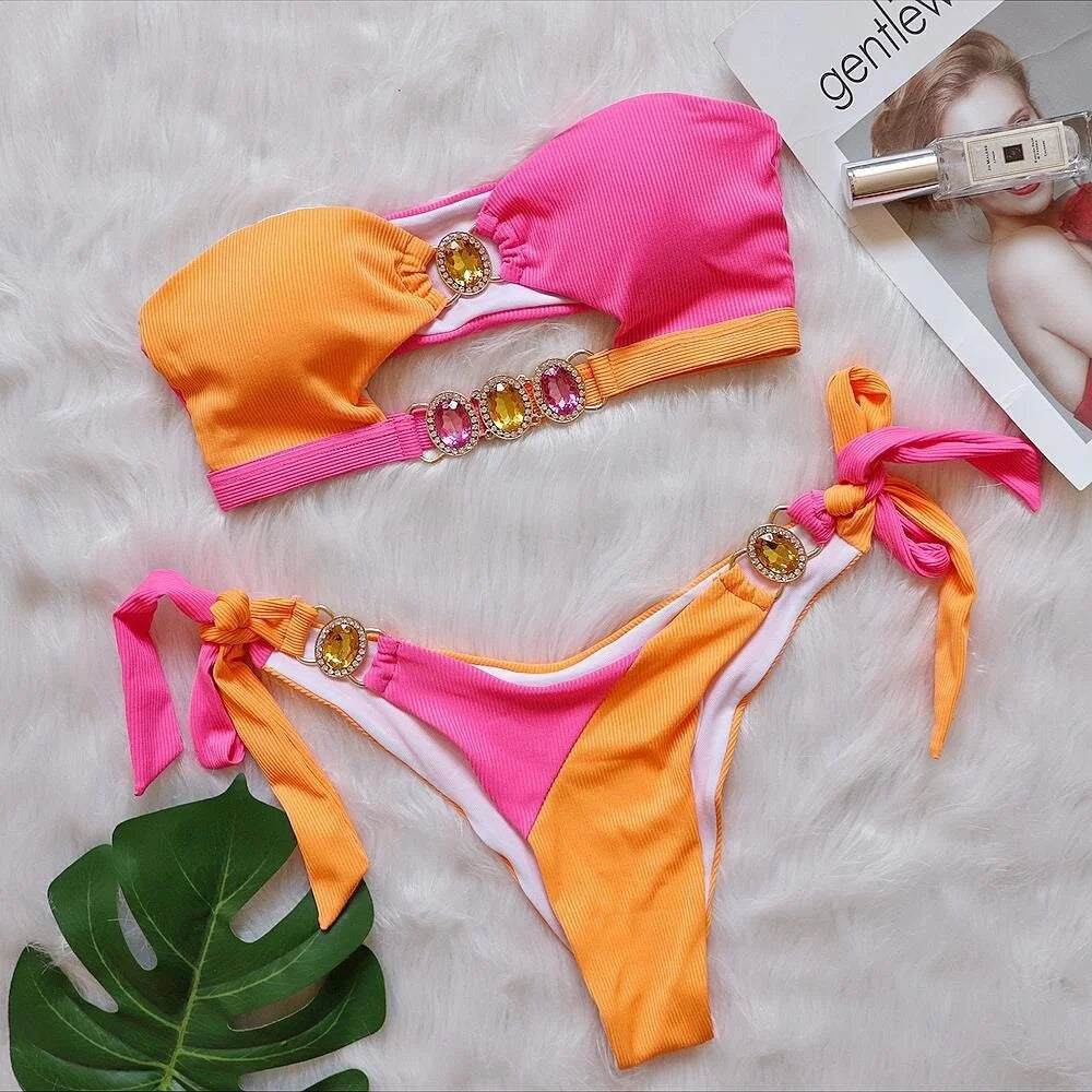 Bikinis Swimsuits With Big Rhinestones Swimwear Female Push Up Bikini Summer Beachwear Swim Bathing Suits Women Bather