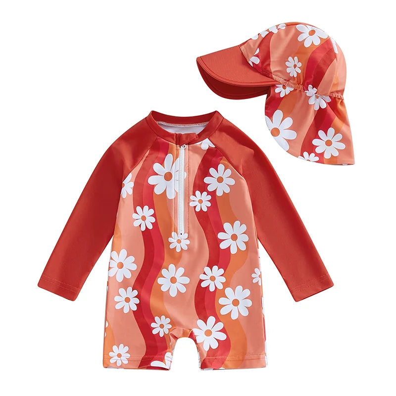 Toddler Girl Long Sleeve Swimsuit Floral Flamingo Print Half Zipper Non-Pilling Rash Guard Swimwear Sunhat Set