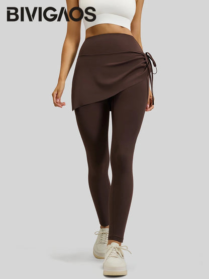 Spring Drawstring Pleated Yoga Leggings Skirt Pants Fake Two Piece Women High Waist Elastic Sports Fitness Leggings