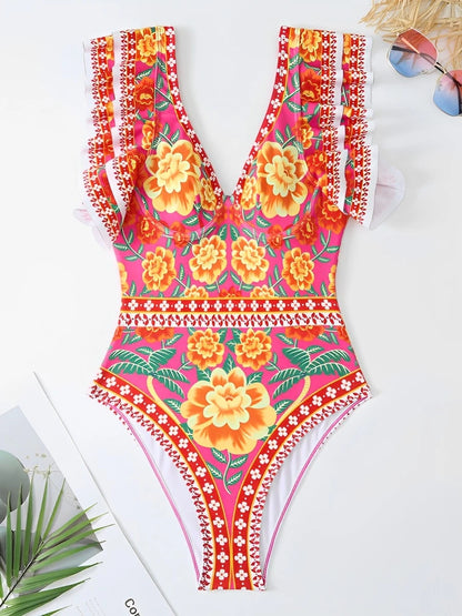 Ruffle Push Up Swimwear Women One Piece Floral Swimsuit Vintage Bather Bathing Swimming Swim Suit Beachwear Summer Bodysuit