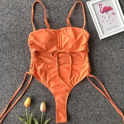 Splicing High Cut Out One Piece Swimsuit Women Tassel Swimwear Female Bathing Suit String Leopard Bikini Monokini Lady