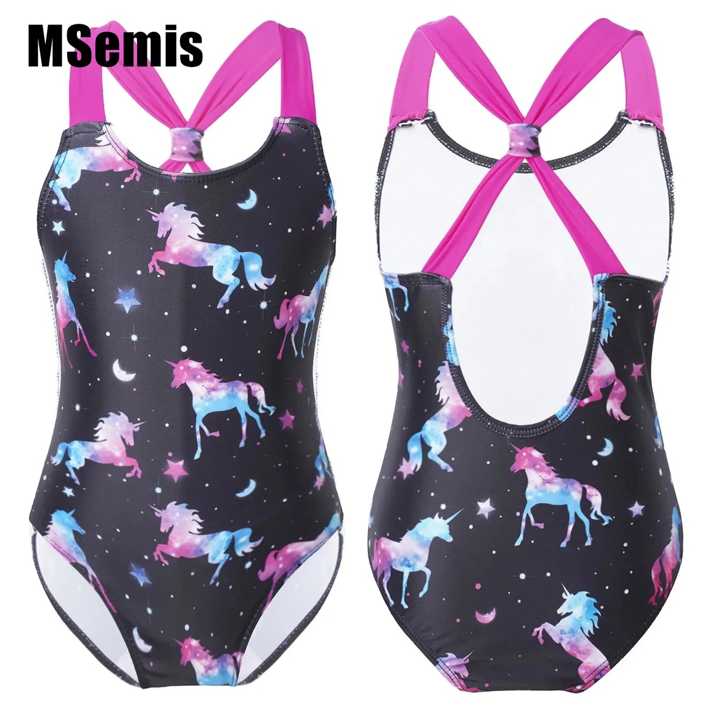 Girls Printed Swimsuit One-Piece Sleeveless Wide Shoulder Straps Sapphire for with Horse And Stars Pattern Printing