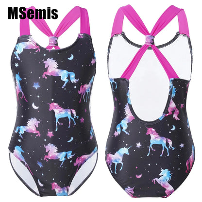 Girls Printed Swimsuit One-Piece Sleeveless Wide Shoulder Straps Sapphire for with Horse And Stars Pattern Printing