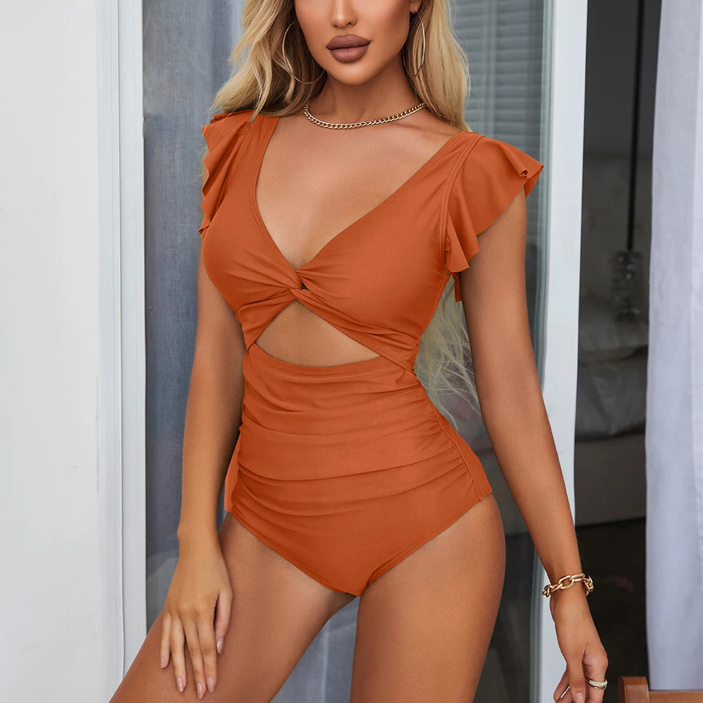 Women One Piece Monokini Ruffle V Neck Ruched Solid Hollow Out Fashion Soft Swimwear Bathing Suit