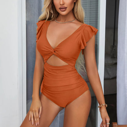 Women One Piece Monokini Ruffle V Neck Ruched Solid Hollow Out Fashion Soft Swimwear Bathing Suit